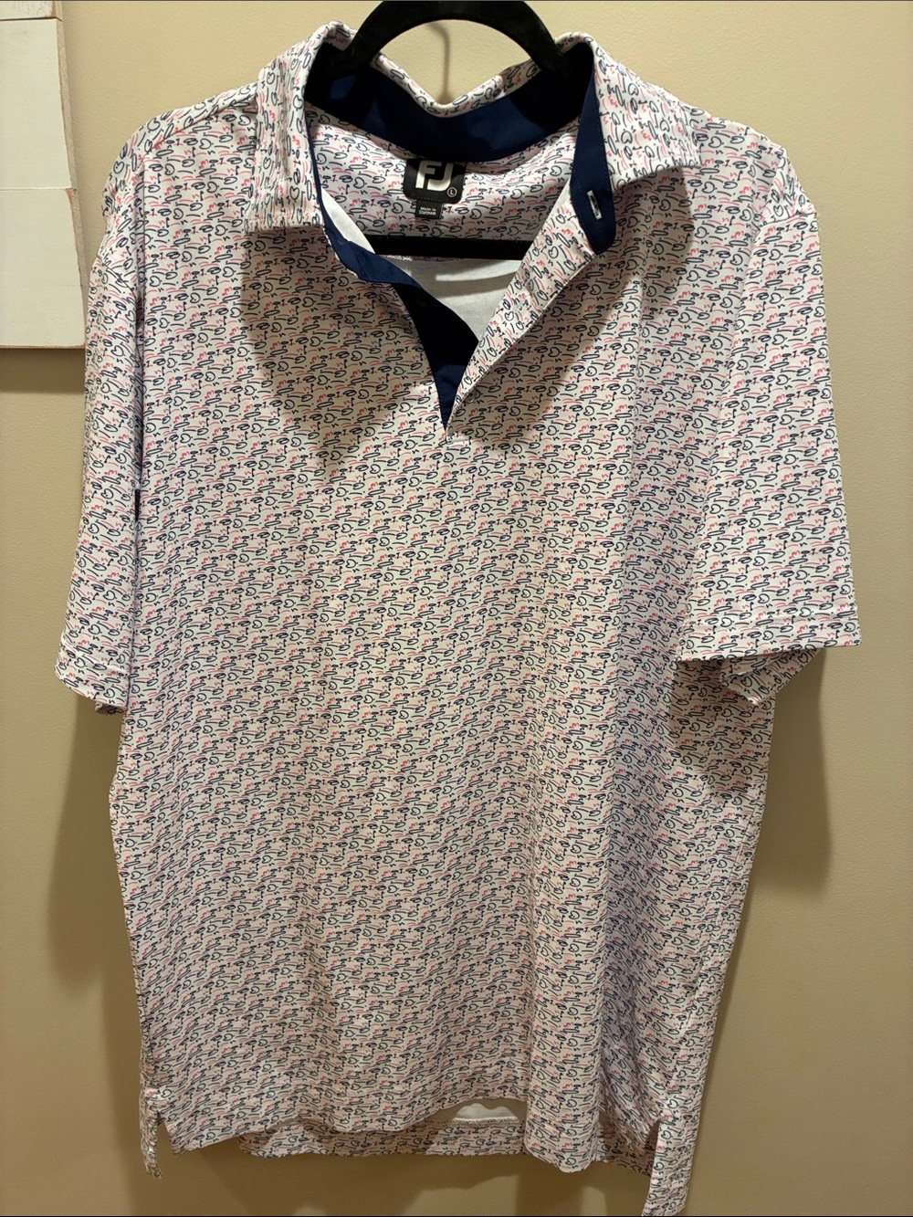 FootJoy Men's Pink Micro-Pattern Golf Polo with Navy Trim